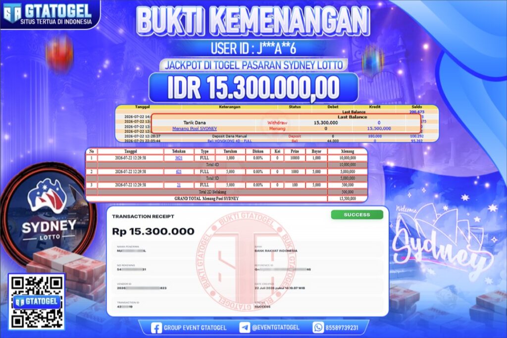BUKTI WITHDRAW GTATOGEL KEMENANGAN JACKPOT DI TOGEL PASARAN SYDNEY LOTTO