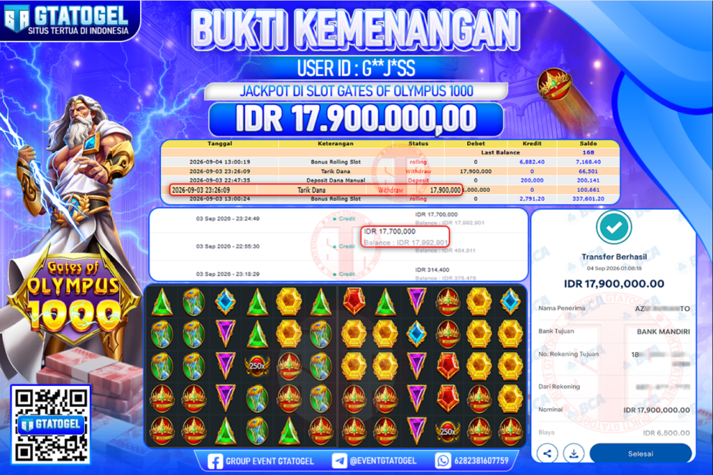 BUKTI WITHDRAW GTATOGEL KEMENANGAN JACKPOT DI SLOT GATES OF OLYMPUS 1000