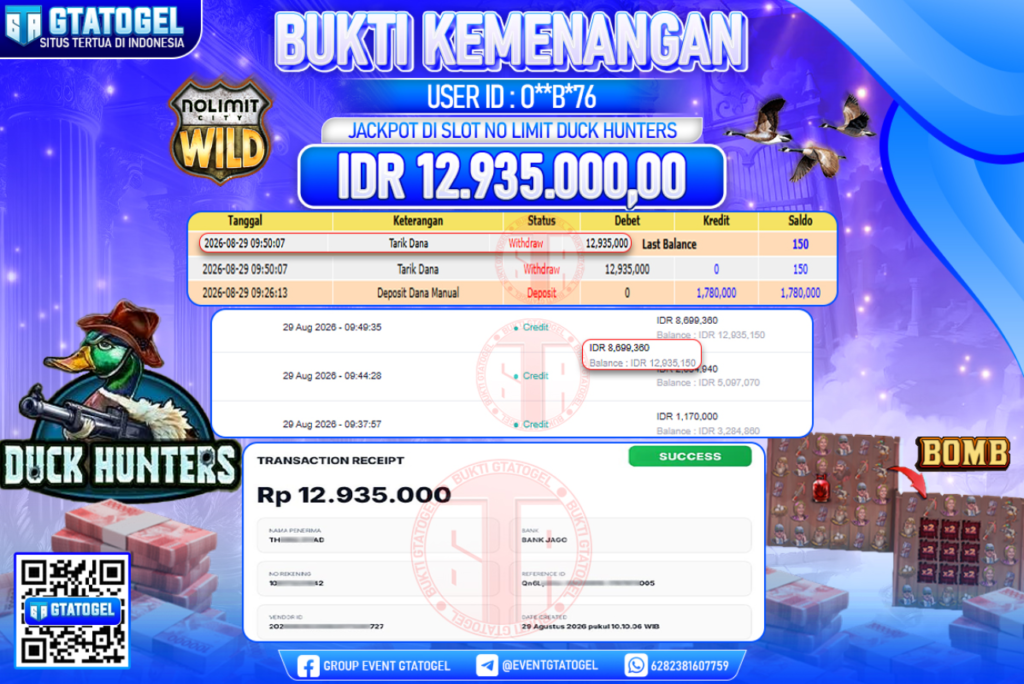 BUKTI WITHDRAW GTATOGEL KEMENANGAN JACKPOT DI SLOT NO LIMIT DUCK HUNTERS