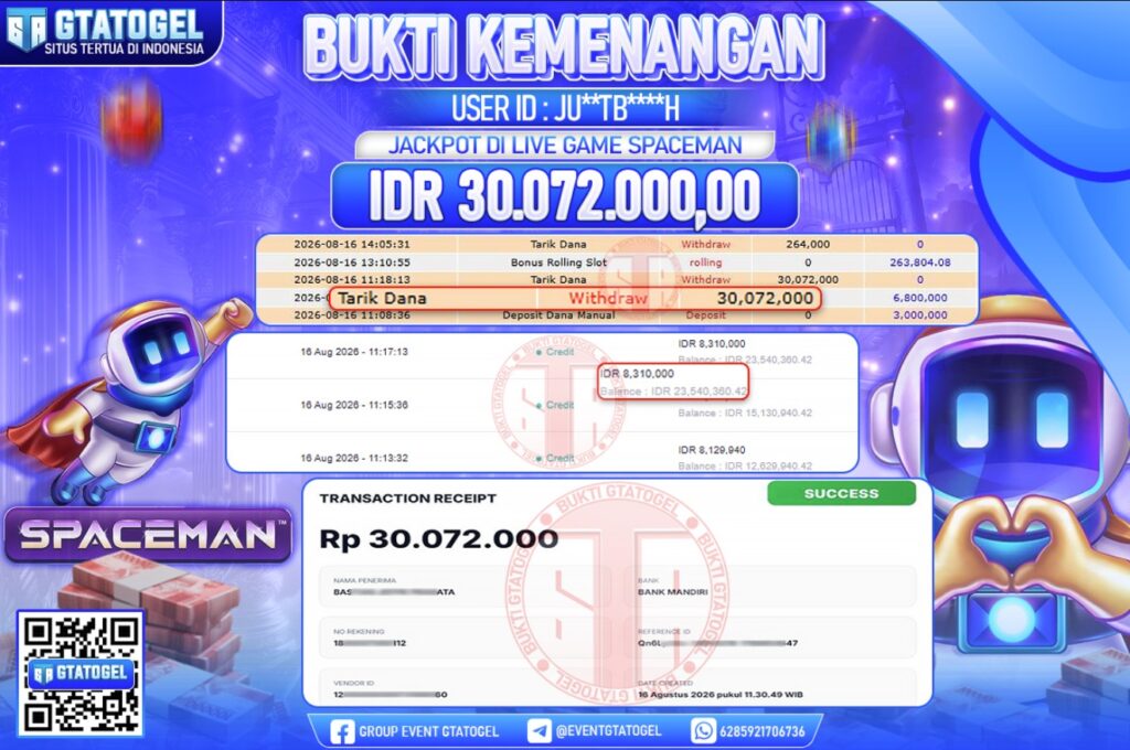 BUKTI WITHDRAW GTATOGEL KEMENANGAN JACKPOT DI LIVE GAME SPACEMAN