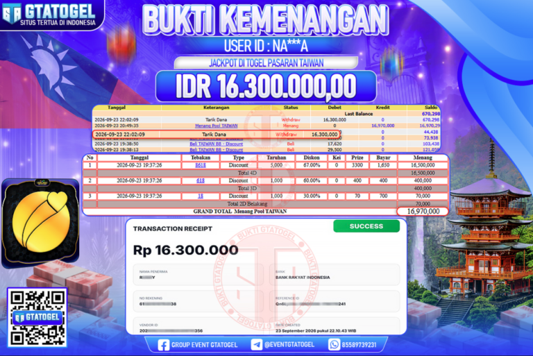 BUKTI WITHDRAW GTATOGEL KEMENANGAN JACKPOT DI TOGEL PASARAN TAIWAN