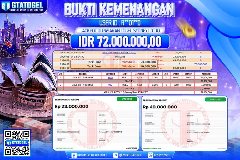 BUKTI WITHDRAW GTATOGEL KEMENANGAN JACKPOT DI PASARAN TOGEL SYDNEY LOTTO