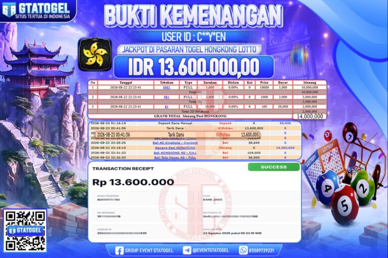 BUKTI WITHDRAW GTATOGEL KEMENANGAN JACKPOT DI PASARAN TOGEL HONGKONG LOTTO
