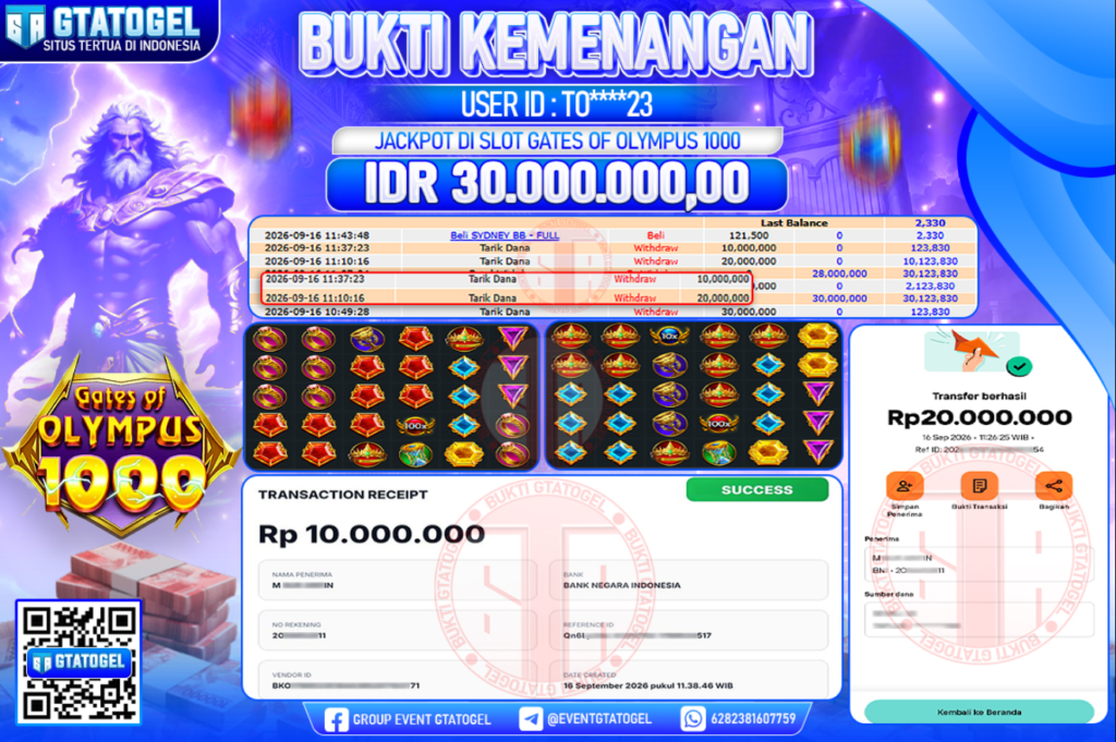 BUKTI WITHDRAW GTATOGEL KEMENANGAN JACKPOT DI SLOT GATES OF OLYMPUS 1000