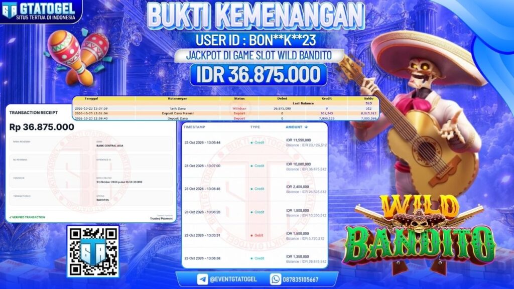 BUKTI WITHDRAW GTATOGEL KEMENANGAN JACKPOT DI GAME SLOT WILD BANDITO