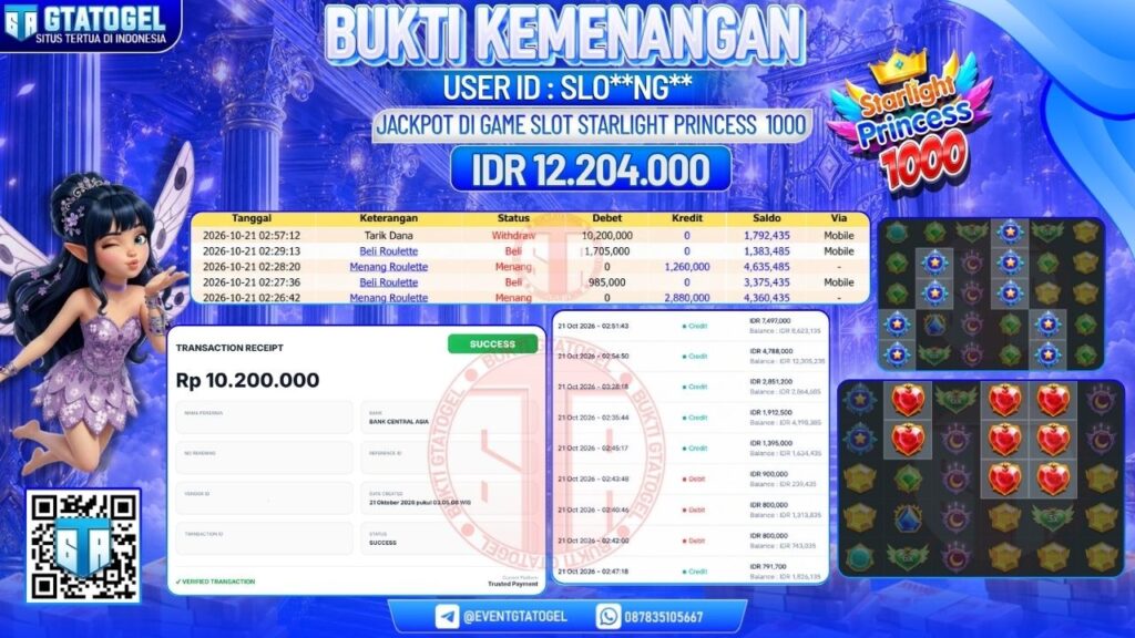 BUKTI WITHDRAW GTATOGEL KEMENANGAN JACKPOT DI SLOT STARLIGHT PRINCESS 1000